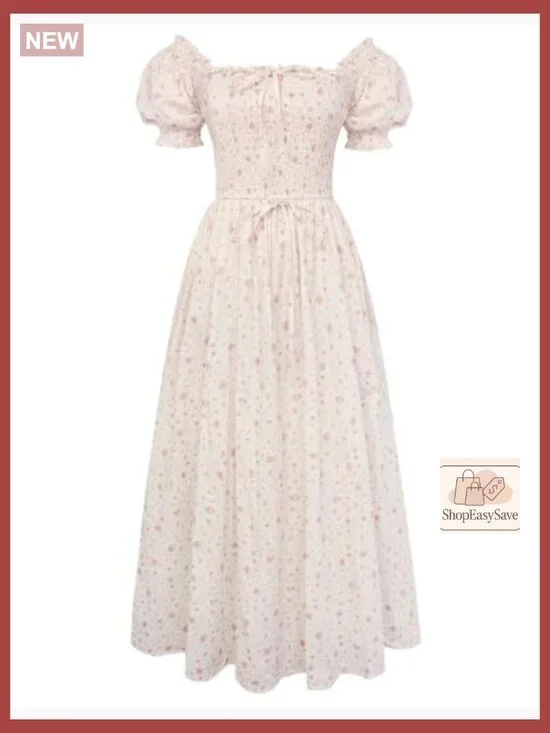 Floral Cotton Dress Cottagecore Square Neck Smocked Bodice Midi Dress - Picture 2 of 7